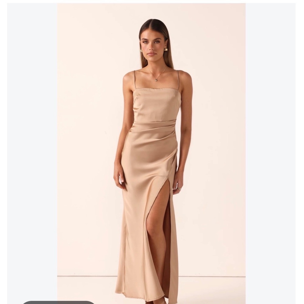 Billy J Ilana Maxi Dress Latte Brown Satin Ruched Side Slit Size 12 Formal